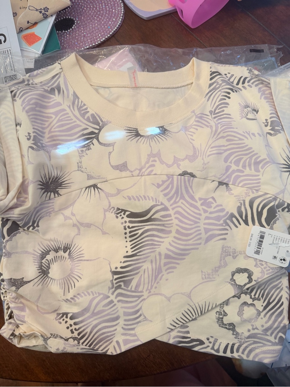 FP Movement by Free People Cream Tee with Lavender Floral & Gray Accents